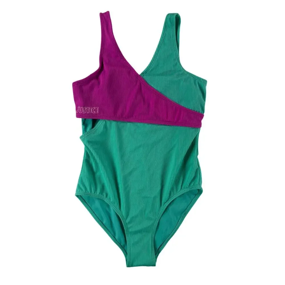 Justice Girls Crossbody One Piece Swimsuit - Teal Purple - Large (12/14)